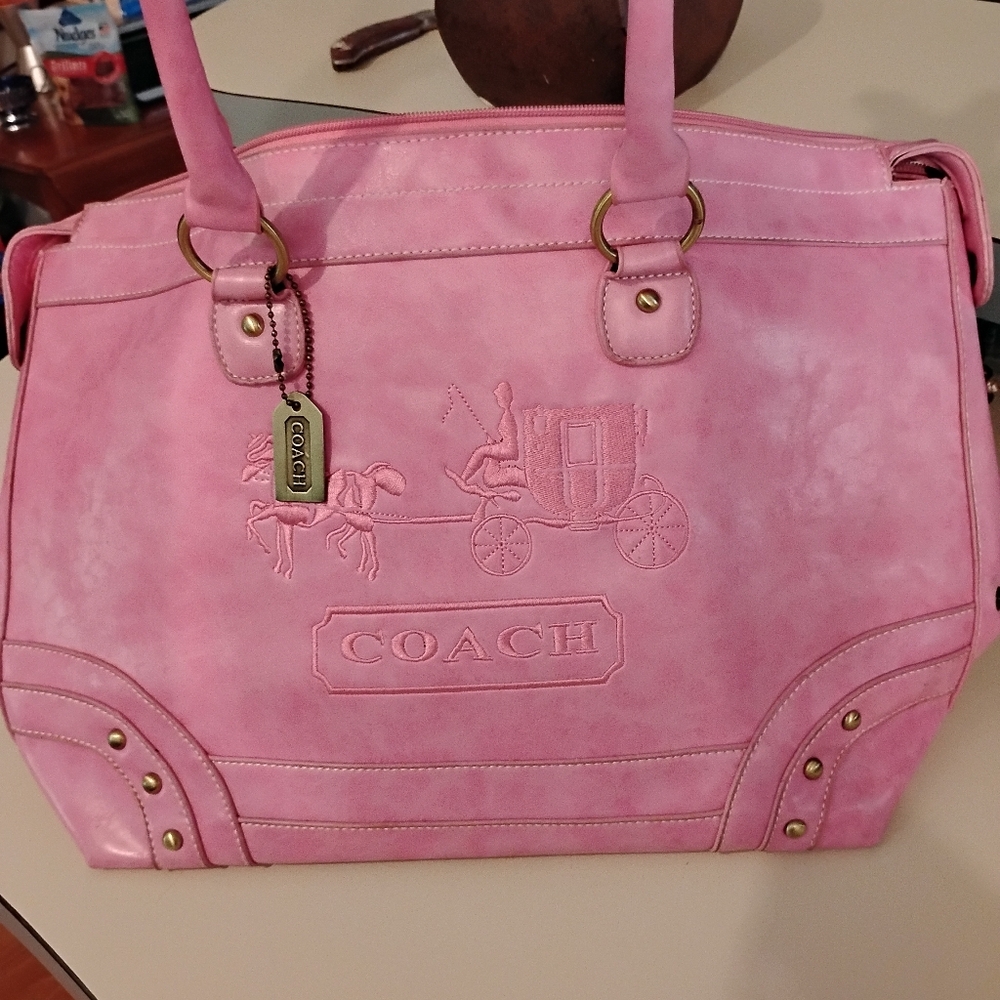 Vintage Leather Coach Bag/Tote In True Pink